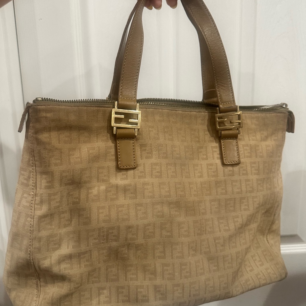 Authentic Fendi Taupe Tote With Gold Plaque